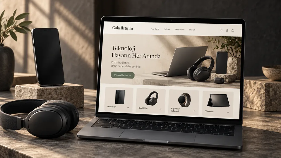 Gala İletişim için telefon, kulaklık ve örnek mağaza ekranıyla temsili tasarım
